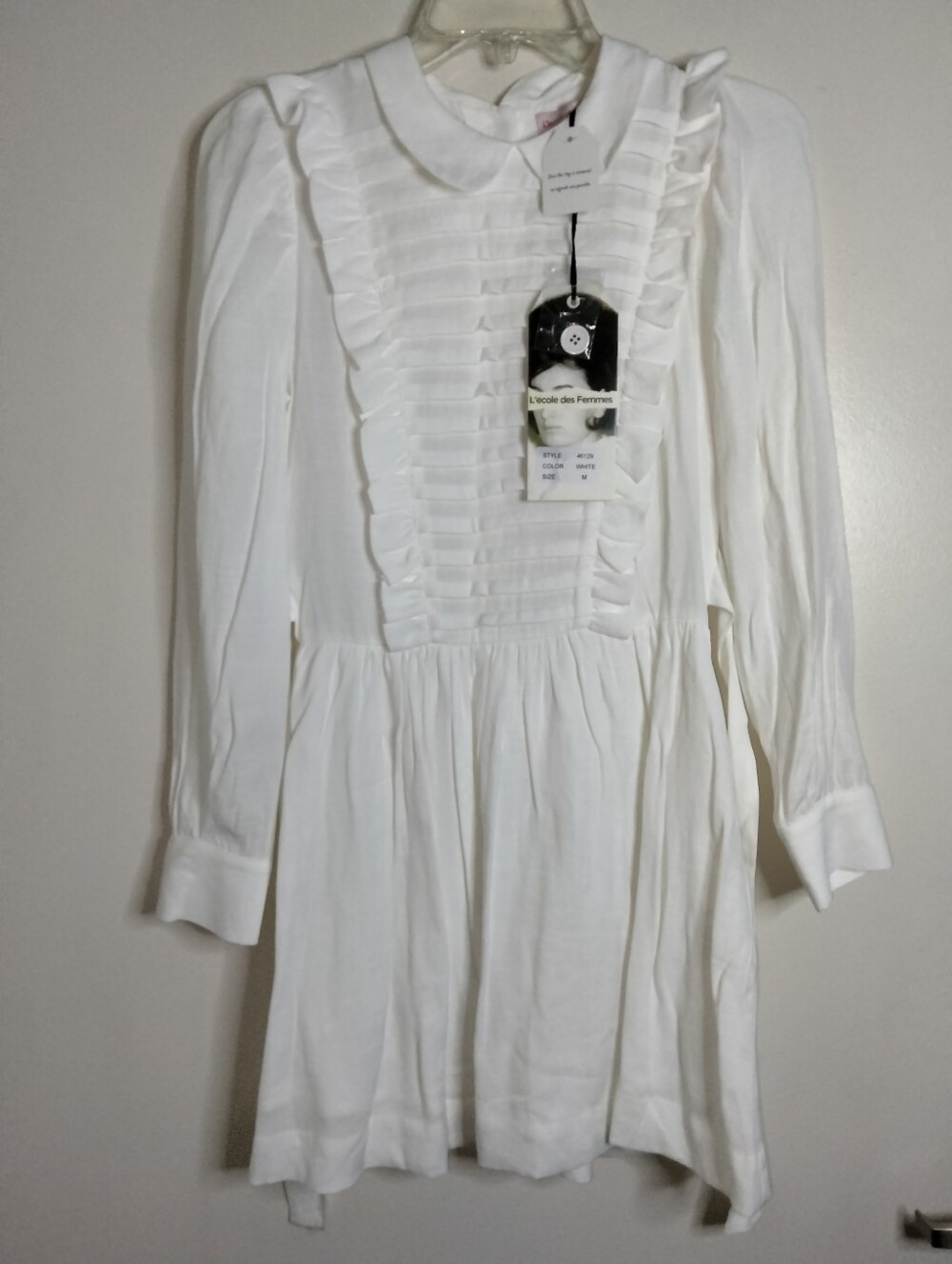 L'ecole des Femmes (Sz M) White Ruffled Pintuck LS Babydoll Mini Dress (NEW-NWT)